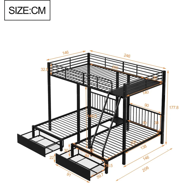 EINHOM Dreifaches Etagenbett mit Schubladen, Metallbettrahmen, Umwandelbar in 140 x 200 cm Doppelbett und Zwei 90 x 200 cm Einzelbetten, Multifunktionales Metallrahmenbett, Schwarz, (Ohne Matratze) – Bild 2