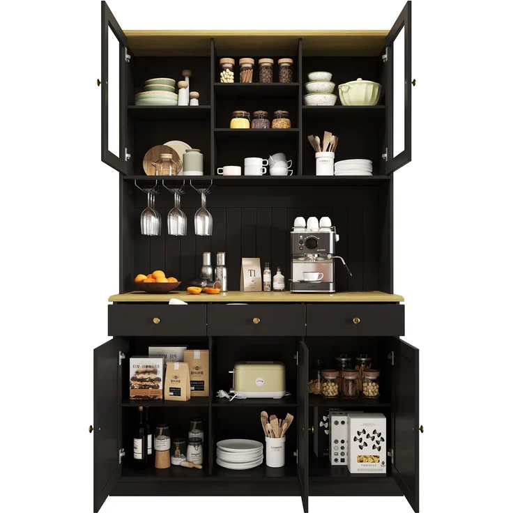 Buffetschrank 120 x 40 x 191 cm in Schwarz mit Glastüren, Schublade, Gläserhalter und Steckdosen – Bild 6