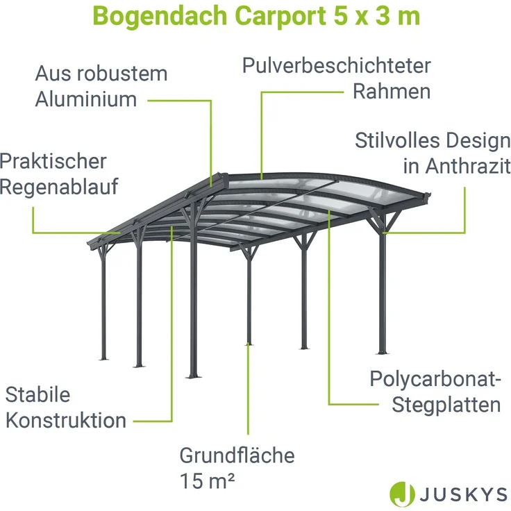 Juskys Carport mit Bogendach 5x3 m - Überdachung aus Aluminium mit Doppelstegplatten - Unterstand für Autos - freistehende Montage - Dunkelgrau – Bild 2