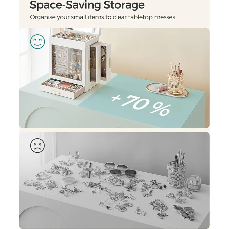 Songmics Schmuckkästchen, Schmuckkasten 5 Ebenen, Schmuckbox, Glasfenster, seitliche Schubladen, großer Spiegel, Schmuckaufbewahrung, 15,5 x 26,1 x 32 cm, wolkenweiß-metallisches Gold JBC162W01 – Bild 7