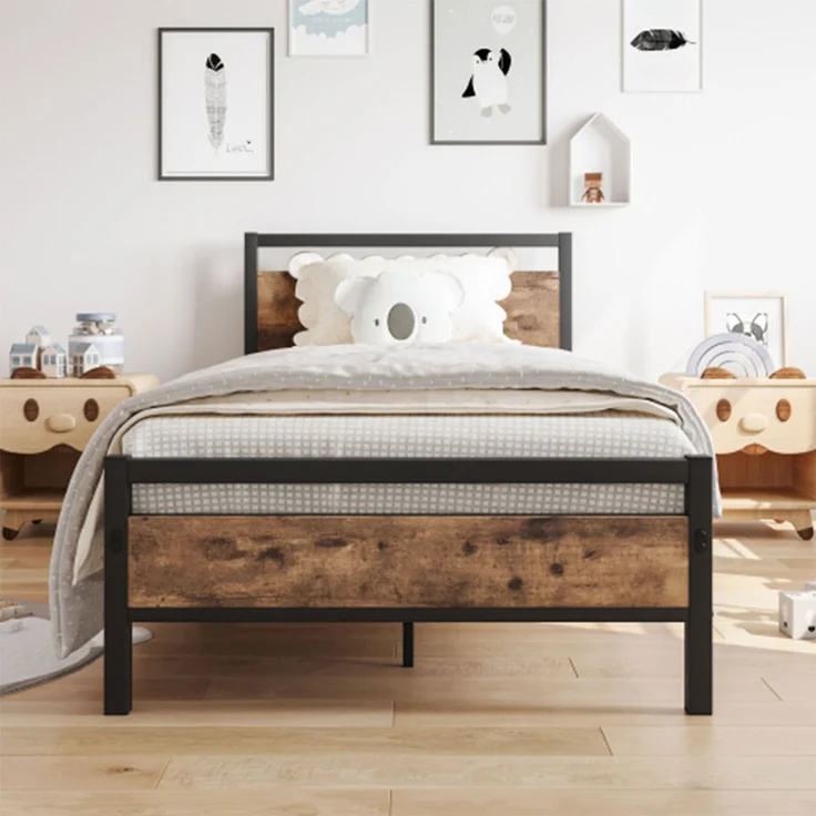 Doppelbett aus Stahl mit MDF-Kopfteil, ohne Matratze, 140x200 cm, Braun/Walnuss – Bild 1