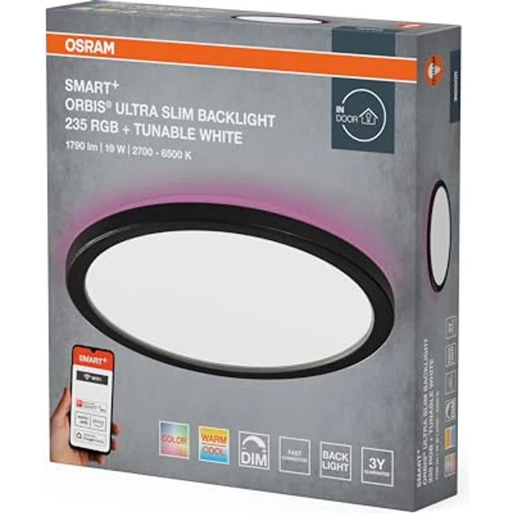 Osram SMART+ WiFi Orbis Ultra Slim LED Panelleuchte 235mm Schwarz, 19W, 1070lm, RGB+TW 2700-6500K, dimmbar, Alexa-kompatibel – Bild 2