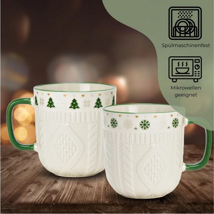 matches21 HOME & HOBBY Tasse Kaffeetassen 2er Set in Weiß mit Winter Strick Design, 2-tlg, Porzellan, Weihnachts-Tassen aus feinem Porzellan 345 ml – Bild 3