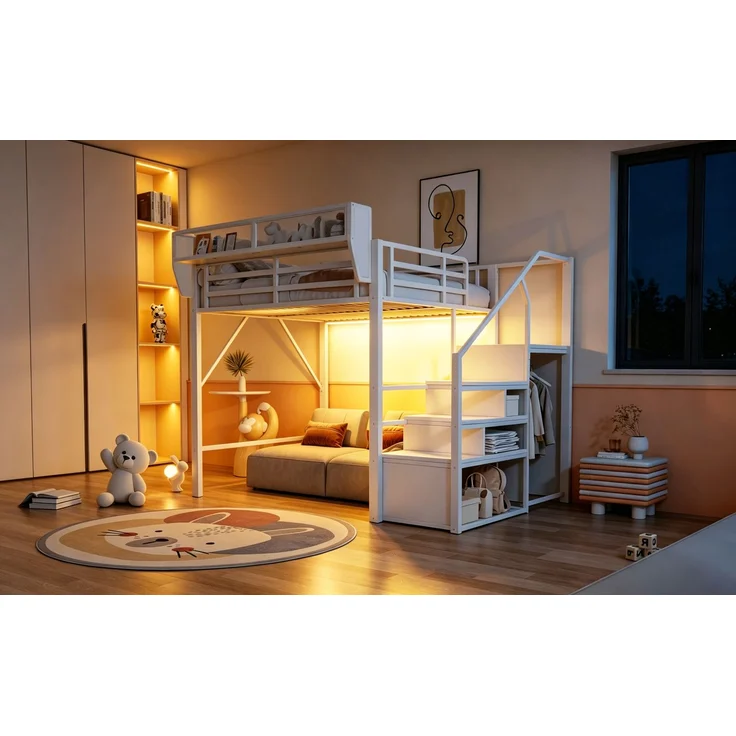 ZUBALIYA Hochbett 140 × 200 cm, Metall, LED-Beleuchtung, Leiter, Weiß – Bild 12