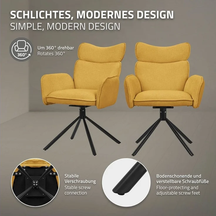 ML-DESIGN Polsterstuhl Drehstuhl mit Armlehne & Rückenlehne Ergonomische mit Metallbeine (2 St), Armlehnstuhl 2er Set Senf aus Polyester 360° Drehbar Sessel bis 120 kg – Bild 3