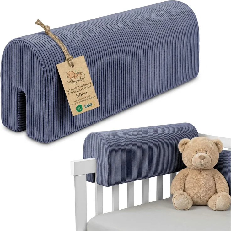 Bettkantenschutz für Kinderbetten 80 cm - Schutz für Bettrahmen Baby Bett rausfallschutz für boxspringbett bettgitter mit Minky Bezug Kantenschutz Kinder Babybett Jeansfar