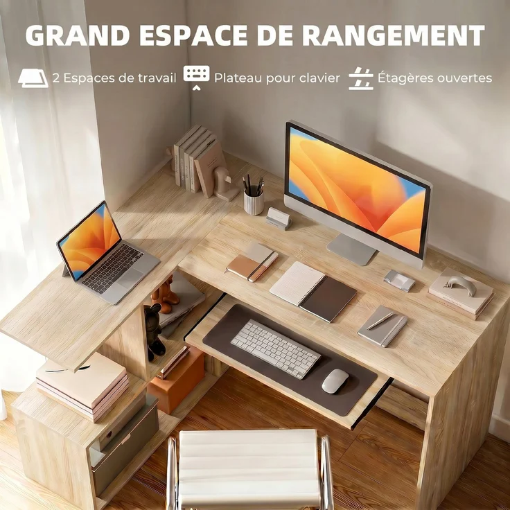 Eckschreibtisch, 120 x 100 x 76 cm, L-förmiger Computertisch mit Tastaturablage, 4 offene Fächer, natur – Bild 6