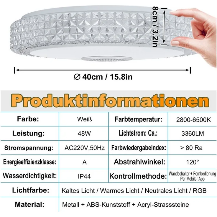 FIVMEN LED Deckenleuchte LED Deckenleuchte Dimmbar Farbwechsel mit Fernbedienung, Deckenlampe Sternenhimmel mit Bluetooth Lautsprecher & APP-Steuerung