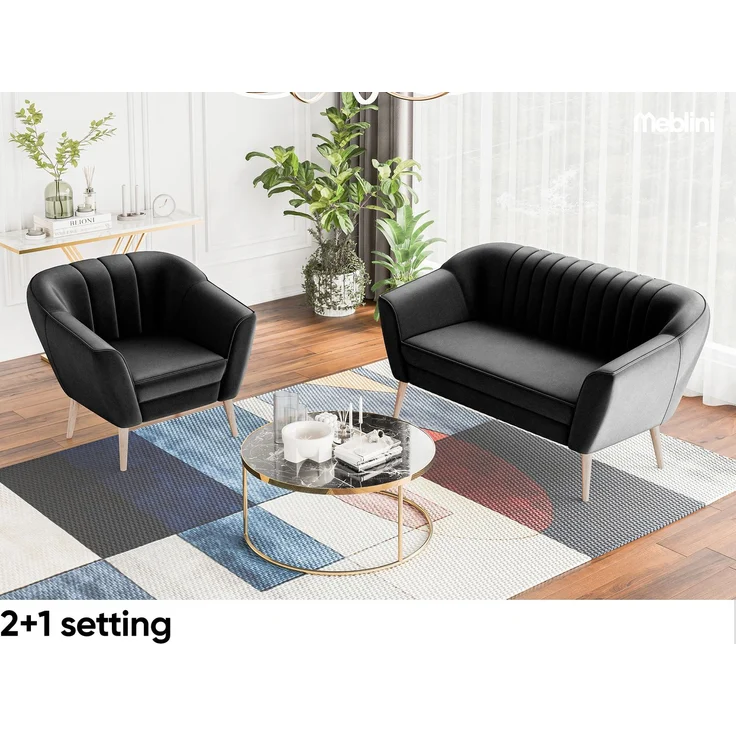 MEBLINI Sofa-Set KAIA 2+1+1 - Schwarz Samt - für Wohnzimmer - Mini Lounge für vier Personen - Küchensofa - Sofa Klein - Sitzgarnitur - Polstergarnitur - Sofagarnituren – Bild 6