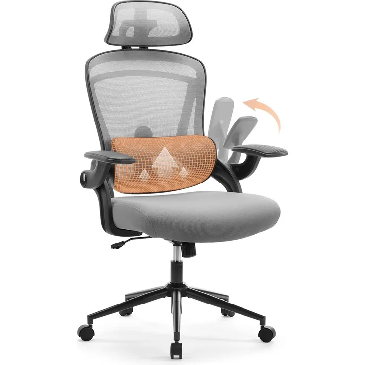 Sweetcrispy Ergonomischer Bürostuhl, Schreibtischstuhl Ergonomisch, Atmungsaktiver Netzstuhl mit Verstellbarer Kopfstütze, Armlehnen, Höhenverstellbarer Lendenwirbelstütze, für Homeoffice, Grau
