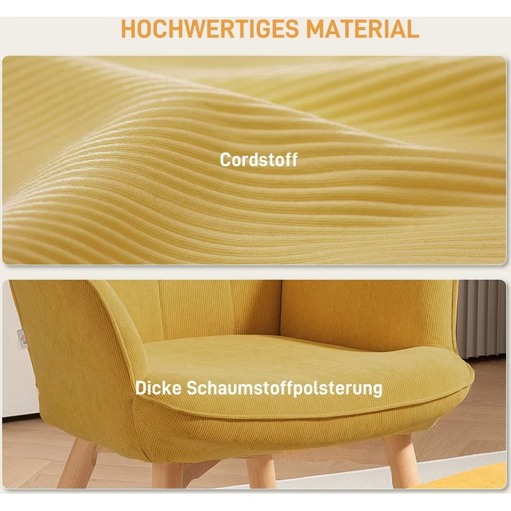 Akzentsessel mit Hocker, Relaxsessel in Cord-Optik, Armlehnstuhl mit Holzbeinen, für Wohnzimmer, Orange--Orange--72x80x101cm--YOUDENOVA – Bild 6