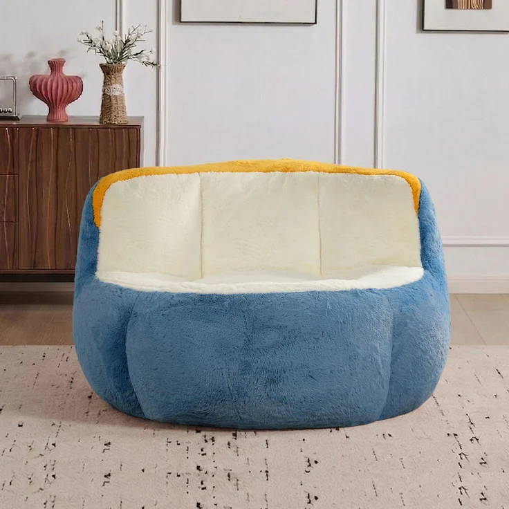 Wohnora – Übergroße Sitzsäcke, mehrfarbiges Kunstfellsofa mit Füllung aus Schaumstoffflocken, großes Lounge-Sofa fürs Wohnzimmer, keine Montage erforderlich, blau + weiß + gelb, H 77 cm x T 106 cm x B 110 cm, mehrfarbig – Bild 4