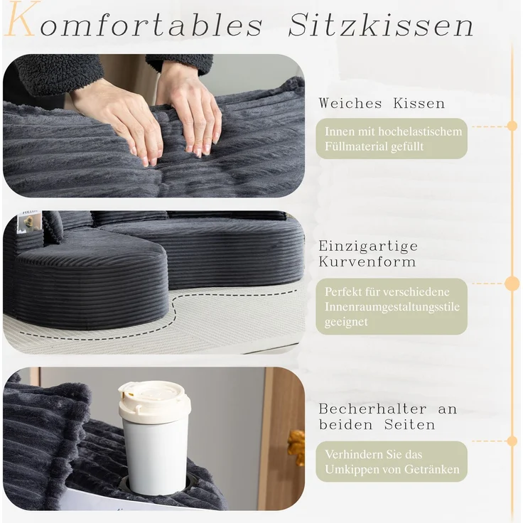 LVHOM Ecksofa L-Form, Cloud Sofa mit Tassenhalter und Seitentaschen, 3-Sitzer Sofa aus Cordstoff, kein Aufbau erforderlich, 250x152cm, Dunkelgrau – Bild 4