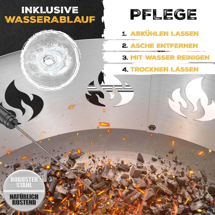 KESSER® Feuerschale mit 2,5 mm Stahldicke Feuerkorb aus Edelstahl / Stahl inklusive 42cm Feuerhaken aus Gusseisen, Wasserablauf & 2 stabile Griffe für Holz & Kohle Feuerstelle für Garten & Terrasse Ø 60 cm, Legierter Stahl + Funkenschutz – Bild 6