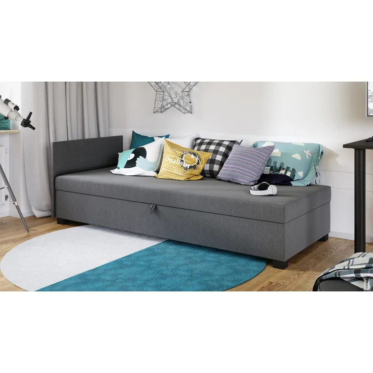 Sofa Misti II - Einzelbett, Schlafsofa mit Bettkasten, Bettsofa, Farbauswahl, Bettgestell, Komfortbett, Bett für Jugendzimmer, Schlafmöbel (Grau (Lux 05))