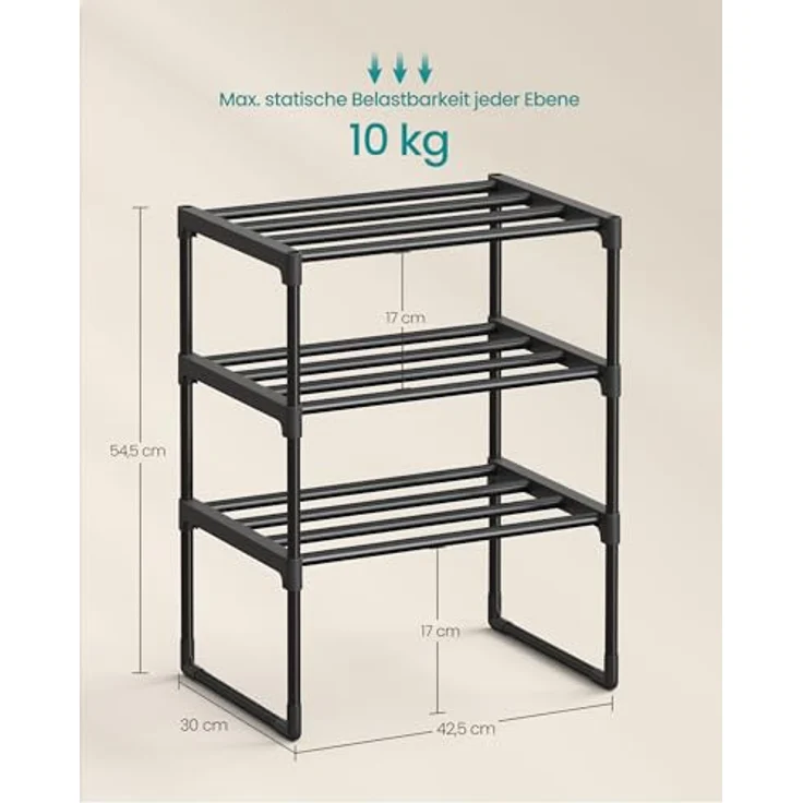 SONGMICS Schuhregal 3 Ebenen, Schuhständer Metall, Schuhaufbewahrung, Schuh-Organizer, aufrecht oder umgedreht, für 4-8 Paar Schuhe, stapelbar, Flur, 30 x 42,5 x 54,5 cm, schwarz LSA003B01 – Bild 4