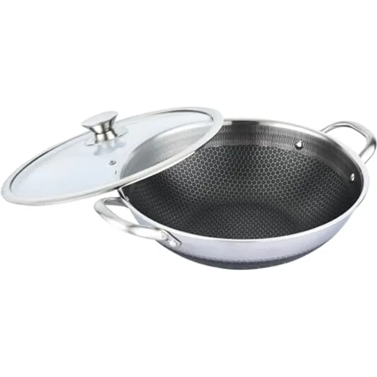 Wok Topf Edelstahl Wabenstruktur Ø36cm Induktion Anti Haft Kratzfest in Silber