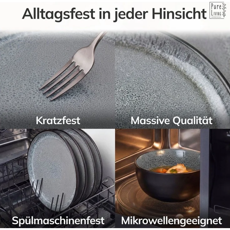 Steingut Geschirrset 12 Pers. Ibiza 36-tlg Hochwertiges Mediterranes TEST SEHR GUT Steingut Geschirr Set - Schüssel- und Teller Set - Tafelservice 12 Personen Geschirrsets Pure Living in Grau – Bild 4