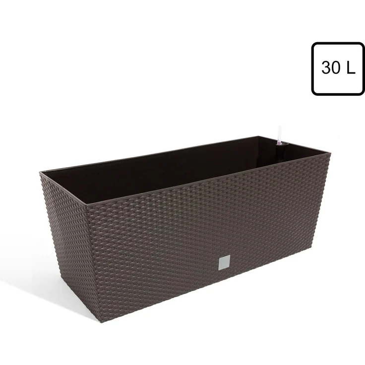 Prosperplast Blumenkasten Balkonkasten Rattan Optik Pflanzkasten Bewässerung Wasseranzeiger 30 Liter Braun – Bild 3
