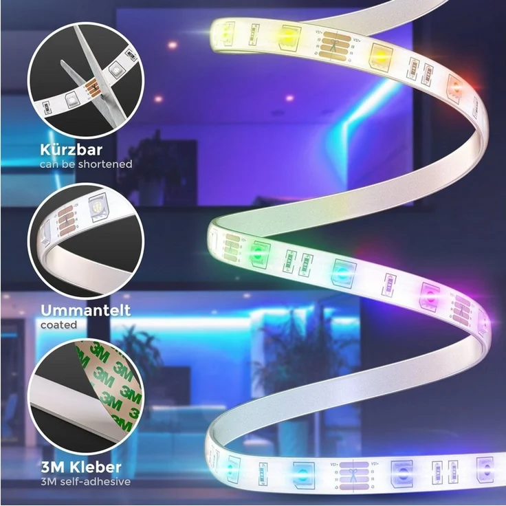 B.K.Licht - LED Strip Silikon 3m mit Fernbedienung, buntes RGB Licht, dimmbar, selbstklebend, LED Streifen, Leiste, Deko, Gaming Deko, Band, Lichtleiste, Lichtband, 300 x 1 x 0,2 cm, Weiß – Bild 2