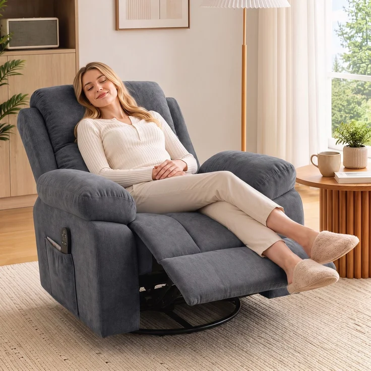 Wohnora-Relaxsessel Fernsehsessel 360° Drehbarer Massagesessel mit Wärme, Massage, Chenille-Optik, Dunkelgrau,H 1040cm x T 970cm x B 970cm – Bild 2