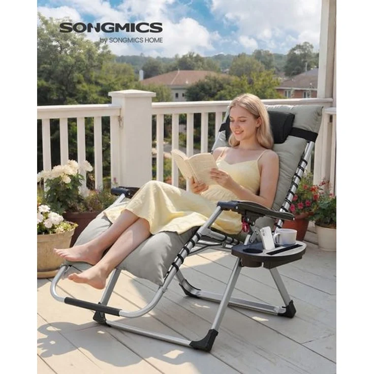 SONGMICS Klappbare Relaxliege mit Stahlrahmen, abnehmbarem Kissen, Liegestuhl für Garten und Balkon, Tasche, Tablett, hellgrau – Bild 2