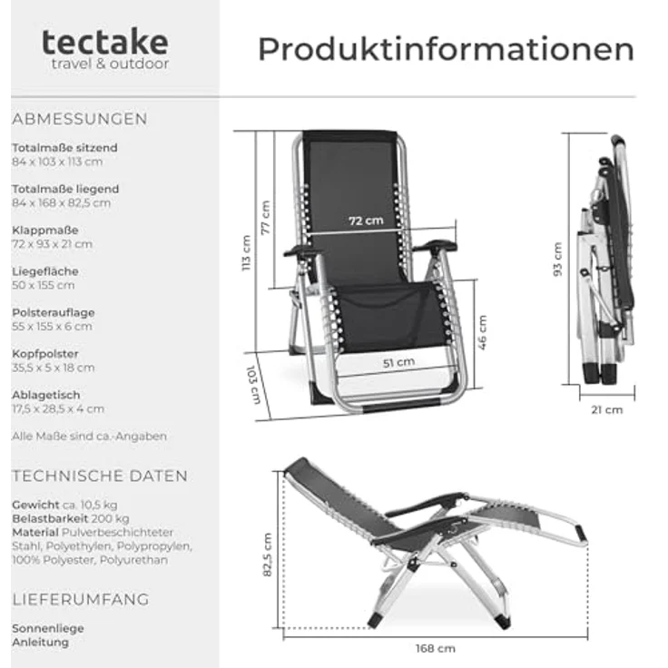 tectake® Sonnenliege klappbar, Liegestuhl, Gartenliege stufenlos verstellbar, Outdoor Sessel für Balkon oder Garten, Liege mit extra Dicker Auflage, Relaxliege belastbar bis 200kg (Hellgrau) – Bild 4
