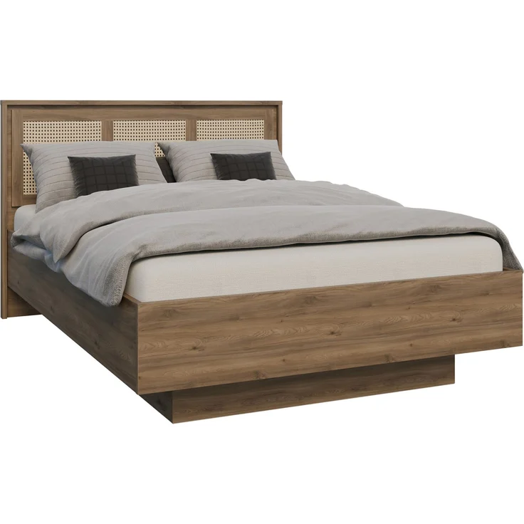 Forte GLENKEEN Bett, Liegefläche 140 x 200 cm, Bettgestell im Bohostil mit Rattangeflecht, Stauraum, Valencia Eiche Holzdekor | Naturrattan, 149,9 cm breit x 105,5 cm hoch x 204,9 cm tief – Bild 9