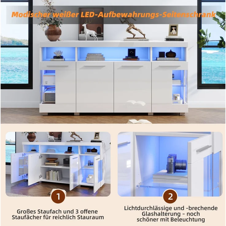 DESVIAE Sideboard mit LED-Beleuchtung und 3 Schubladen, 140x70x40 cm, MDF und Spanplatte, Weiß – Bild 4