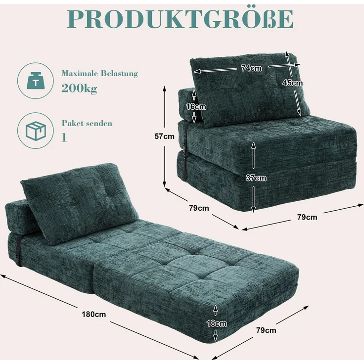 Klappsofa Bett mit Kopf- & Lendenkissen, multifunktionales Schlafsofa, 2-in-1 Faltsofa mit hochdichtem Schaumstoff,Smaragd – Bild 10