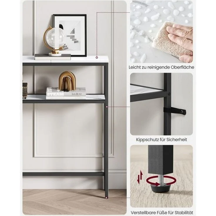 Vasagle Konsolentisch, schmaler Sofatisch mit 2 Ablagen, 20 x 80 x 80 cm, Flurtisch, 2 Ebenen, für Flur, Wohnzimmer, Schlafzimmer, marmorweiß-tintenschwarz LNTDE130W59 – Bild 5