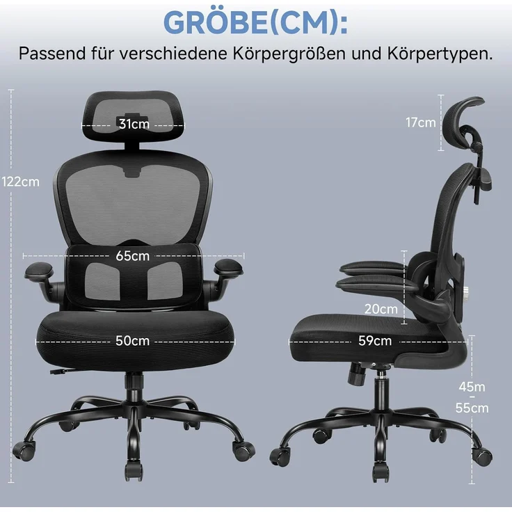 COMHOMA Bürostuhl Ergonomischer Schreibtischstuhl mit 3D Kopf- und Lendenwirbelstütze (Packung), verstellbare Kopfstütze und Armlehnen, Höhenverstellbar – Bild 3