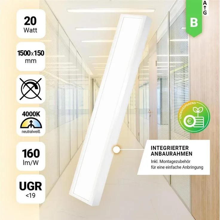 LED Anbauleuchte 150x15 cm Neutralweiß 4000K LED Aufbaupanel Aufbaurahmen 20W UGR