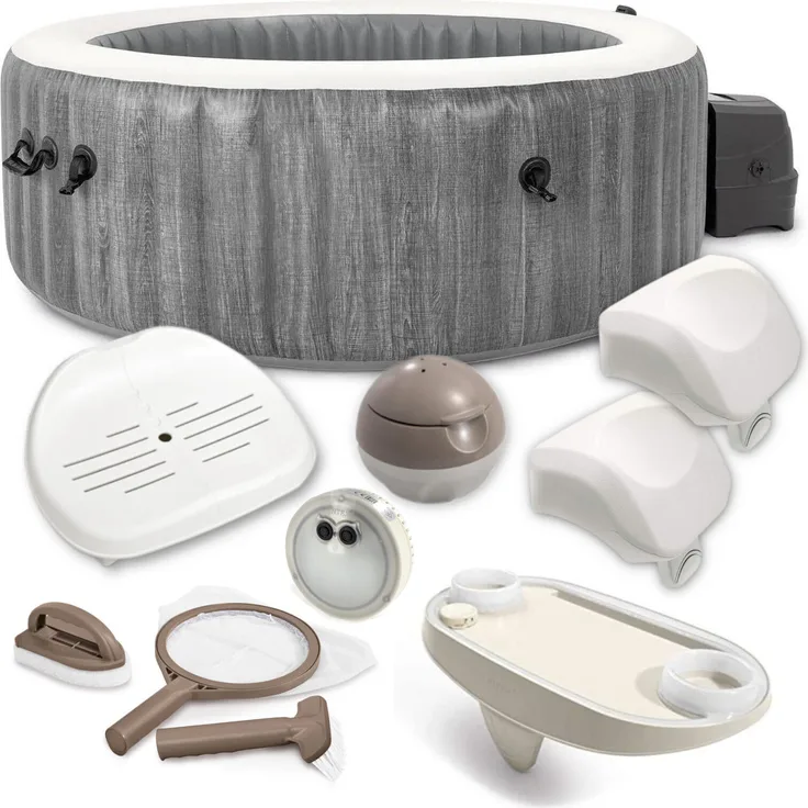 INTEX PureSPA Bubble Whirlpool Greywood Deluxe (Ø196cm), aufblasbar, 4 Personen, inkl. umfangreichem Zubehör und Heizsystem bis 40°C