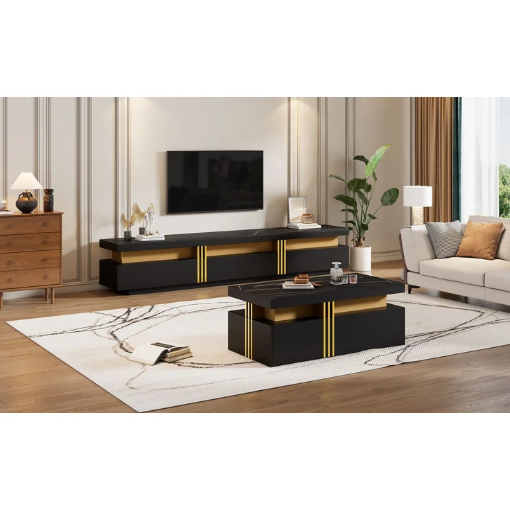 Wohnzimmermöbel Set 200x40x42 cm, mit Schubladen, mit Hochglanzoberfläche, Konstruktion aus Spanplatte, Schwarz – Bild 5