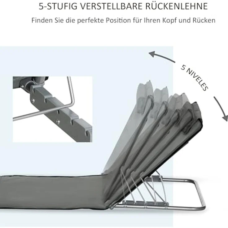 Outsunny Strandmatte 2er Set, Faltbare Strandliege mit Kopfkissen, 5-stufig höhenverstellbare Strandmatratze, Grau, inkl. Tragetasche und Stahlrahmen – Bild 4