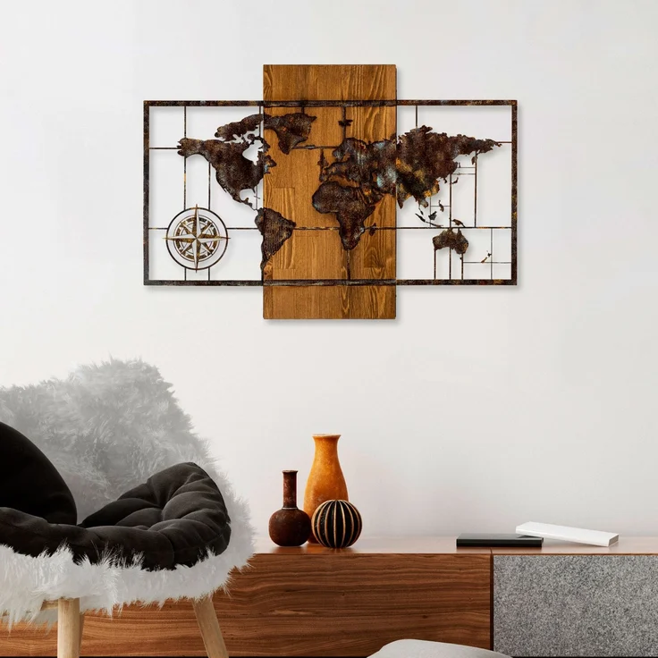 Wallity 'World Map With Compass 5' Dekoratives Wandaccessoire aus Holz, Walnuss / Braun, 85 x 58 cm – Bild 3