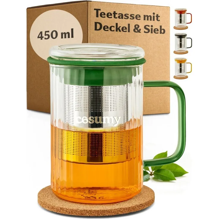Cosumy Teeglas Teetasse mit Deckel und Sieb 450ml Grün, 1-tlg, Borosilikatglas, Edelstahl, Kork, Edelstahlfilter