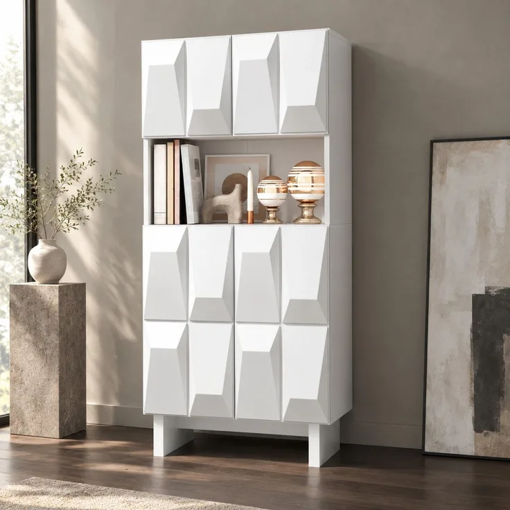 DESVIAE Regal-Vitrine Weiß aus Spanplatte – 60,5x135,5x34 cm – 4 Türen, offenes Fach