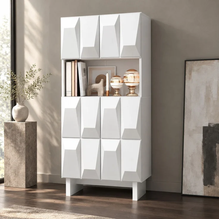 DESVIAE Regal-Vitrine Weiß aus Spanplatte – 60,5x135,5x34 cm – 4 Türen, offenes Fach – Bild 1