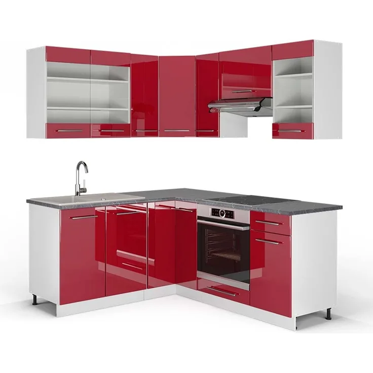 Eckküche Fame-Line Bordeaux Hochglanz/Weiß 190 x 60 cm , AP Anthrazit Vicco