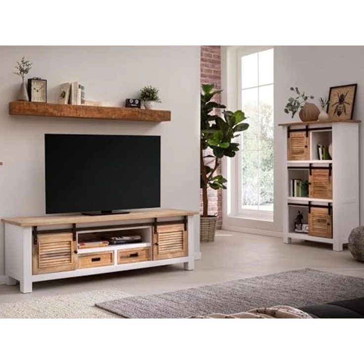 Highboard Capera 85x150x42cm Pinienholz Weiß Braun Schiebetüren Rustikal Viel Stauraum für Wohnzimmer Esszimmer | massivum – Bild 2