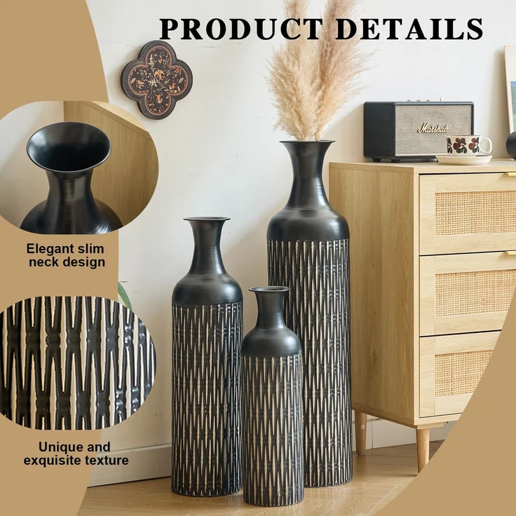 LVHOM 3er Set Bodenvase, Große Vasen aus Metall mit Rillenmuster, Dekovase für Trockenblumen, Höhen 50/66/83 cm, Vasen Set für Wohnzimmer, Flur und Büro, Schwarz – Bild 4