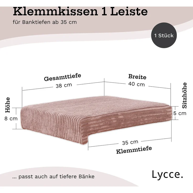 Lycce Bankauflage Klemmkissen mit Leiste - Cord, Polsterung, rutschfest Puderrosa 8x40x38cm – Bild 4
