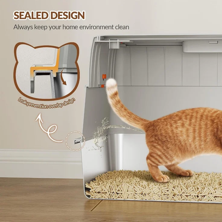 Edelstahl Katzenklo mit Deckel XL, 58 x 37 x 36,5 cm, Hellgrau, Geschlossene Metall Katzentoilette, 100° klappbarer Deckel, mit Streu-Siebmatte und Schaufel, Modulares Design – Bild 4