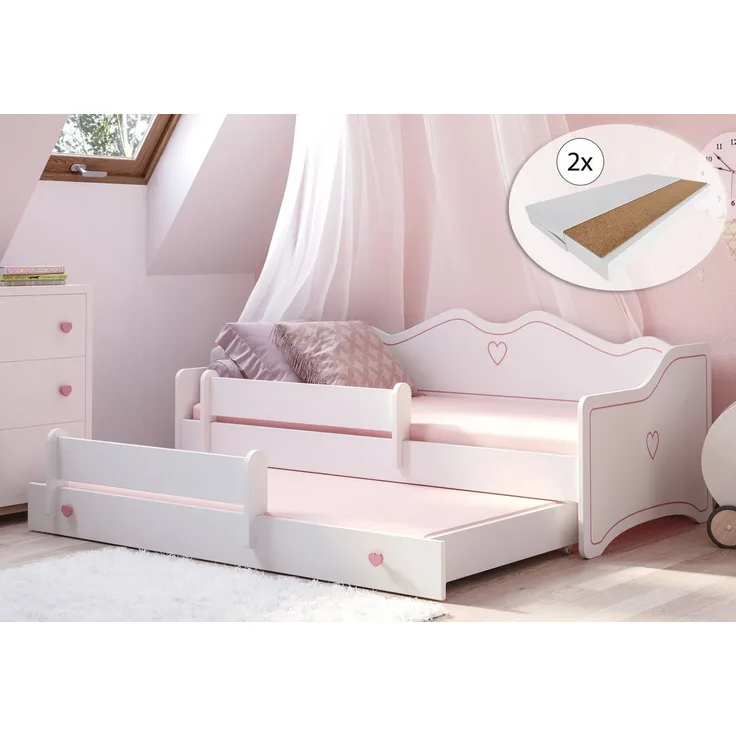Kids Collective Kinderbett Mädchenbett 80x160 mit Ausziehbett & zwei Matratzen Kinderbett, Jugendbett Funktionsbett mit Rausfallschutz, Prinzessin weiß rosa