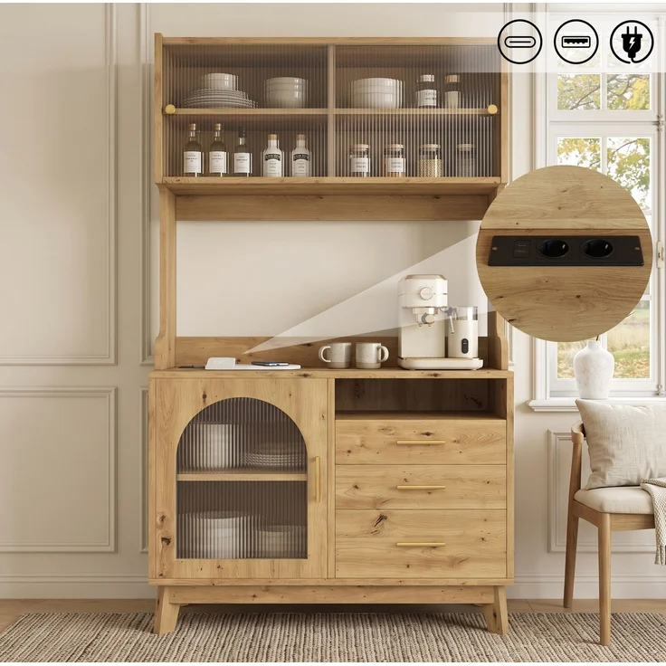 Buffetschrank 100,5 x 40 x 178 cm mit Steckdosen und USB – Hochschrank in Holzoptik – Bild 4