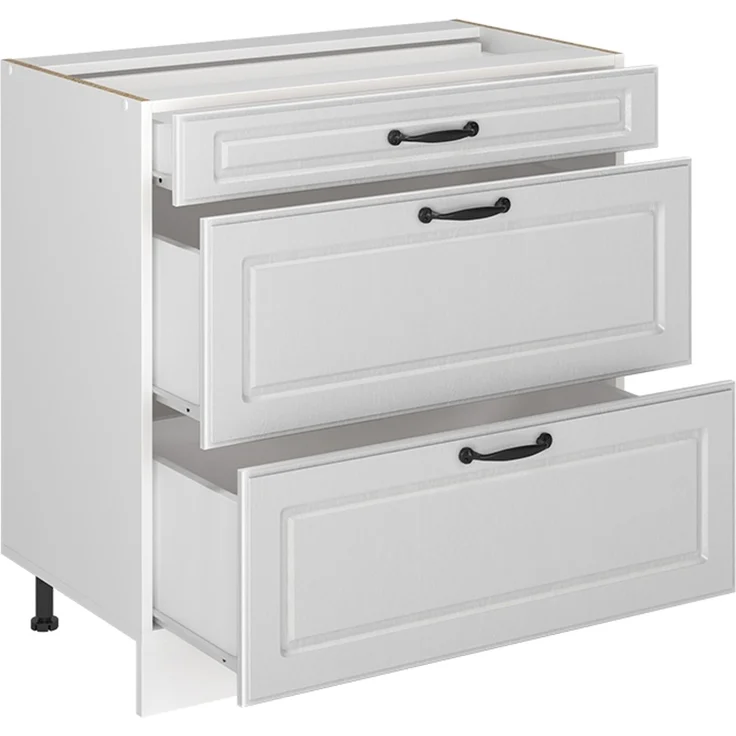 Küchenunterschrank R-Line Weiß Landhaus/Weiß 80 cm mit 3 Schubladen Arbeitsplatte Goldkraft Eiche Vicco – Bild 3