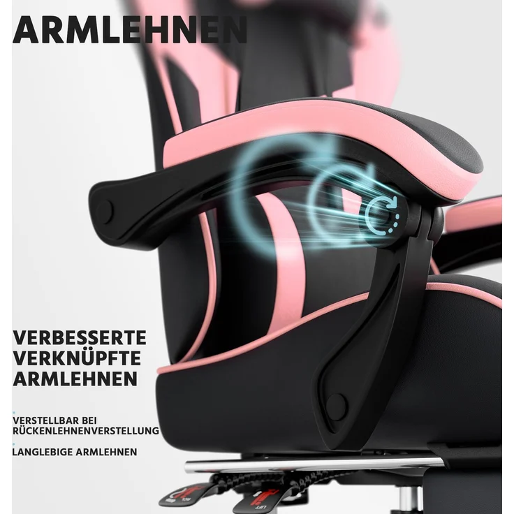 Gaming-Stuhl, PVC-Leder, ergonomisch, mit verstellbarer Rückenlehne & Fußstütze, 58,5x63x120,5 cm, Schwarz+Rosa – Bild 2