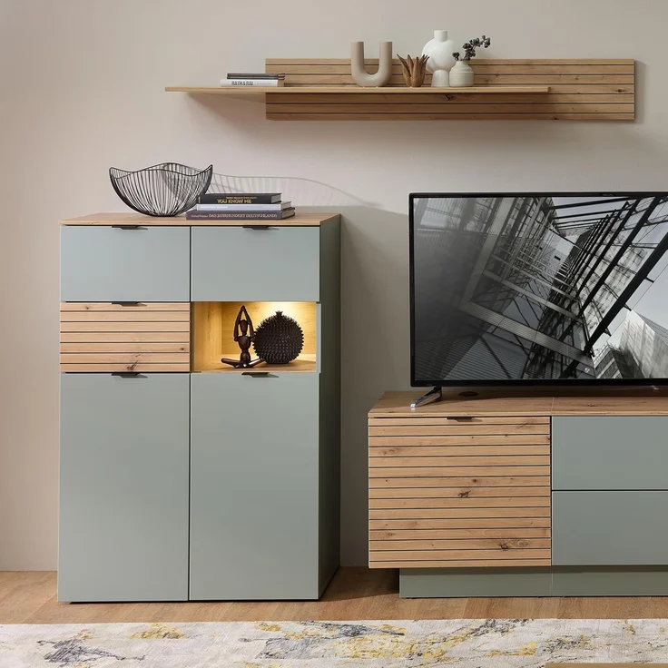 Stella Trading INA Highboard in Schilfgrün, Artisan Eiche Optik FSC-Zertifiziert - Moderner Wohnzimmerschrank mit Schubladen und LED-Beleuchtung - 84 x 125 x 45 cm (B/H/T) – Bild 2
